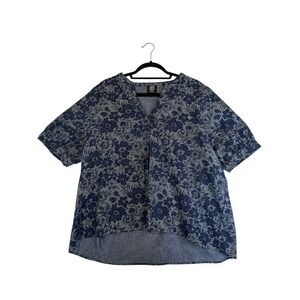 Bobeau Blue Floral Chambray 100% Cotton V-Neck Blouse Puff Sleeve Plus Size 1X